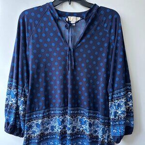 Michael Michael Kors Blue Floral Design Long Sleeve V Neck Blouse Women's M